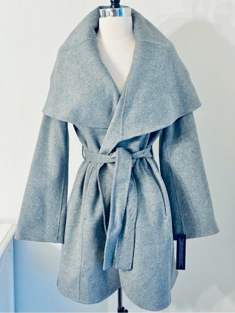 Tahari Oversized Shawl Neck Wrap Coat, Wool Blend, Ash Gray, Size S, NWT